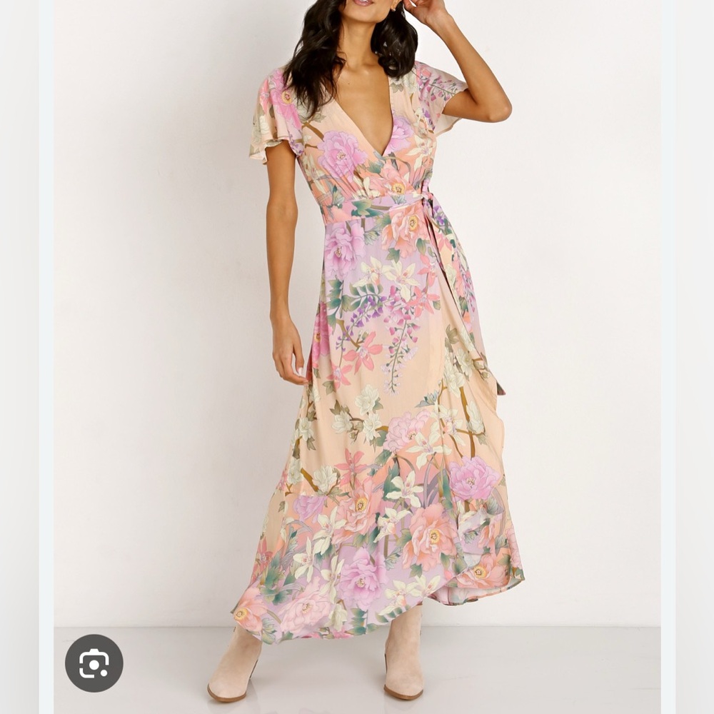 SPELL & THE GYPSY floral pink and green maxi dress faux wrap NWOT